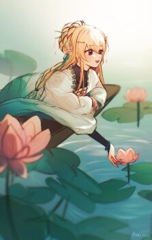 1girl black_shirt blonde_hair blush brown_eyes butterfly_hair_ornament chinese_clothes dress flower gradient_clothes gradient_dress green_dress green_ribbon hair_ornament hair_ribbon halterneck hanfu highres long_hair long_sleeves looking_afar lotus multicolored_eyes nijisanji nijisanji_en open_mouth pointy_ears pomu_rainpuff pond red_eyes ribbon shirt signature smile solo tokitokiee twitter_username virtual_youtuber water white_dress