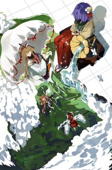 Rule 34 | > <, 4girls, :d, ^ ^, absurdres, black hair, blonde hair, bow, bug, butterfly, checkered clothes, checkered kimono, chinese commentary, closed eyes, cloud, commentary, detached sleeves, facing down, facing up, flower, from above, gohei, green kimono, hakurei reimu, hat, hat ribbon, hieda no akyuu, highres, holding, holding gohei, holding umbrella, insect, japanese clothes, kimono, liangming toho, long hair, long sleeves, mob cap, motoori kosuzu, multiple girls, open mouth, orange hair, outdoors, phonograph, purple hair, purple tabard, red bow, red ribbon, red shirt, red skirt, ribbon, sandals, shirt, short hair, sitting, skirt, smile, tabard, touhou, umbrella, very long hair, water, waterfall, white flower, white hat, white sleeves, white umbrella, wide sleeves, xd, yakumo yukari, zouri