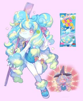 1girl blue_footwear blue_hair blue_leotard blue_skin bright_pupils candy coat colored_skin covered_navel double_bun food food-themed_hair_ornament full_body fur-trimmed_coat fur_trim furry furry_female green_hair hair_bun hair_ornament hair_ribbon hat heterochromia holding holding_spoon horns horse_girl lace lace-trimmed_thighhighs lace_trim leg_up leotard looking_at_viewer low-tied_sidelocks marshmallow multicolored_hair multiple_views neck_ribbon original personification pink_background pink_eyes pink_nails ribbon rikose shoes sidelocks simple_background single_horn smile spoon star-shaped_pupils star_(symbol) streaked_hair symbol-shaped_pupils thighhighs two-tone_hair unicorn_horn white_coat white_pupils white_thighhighs winged_unicorn wings witch_hat yellow_eyes yellow_nails