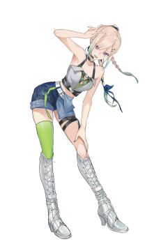 Rule 34 | 1girl, :d, airani iofifteen, arm up, bare arms, belt, bent over, blue ribbon, blue shorts, boots, braid, braided ponytail, breasts, cleavage, full body, gradient hair, green hair, green thighhighs, grey shirt, hair ornament, hair ribbon, hairclip, hand on own knee, headset, high heel boots, high heels, high ponytail, highres, hololive, hololive indonesia, knee boots, lace-up boots, long hair, looking at viewer, medium breasts, midriff, mint-tan, multicolored hair, official alternate costume, official alternate hairstyle, official art, open mouth, pink hair, ponytail, purple eyes, ribbon, second-party source, shirt, short shorts, shorts, side braid, simple background, single thighhigh, sleeveless, sleeveless shirt, smile, solo, swept bangs, tachi-e, thigh strap, thighhighs, transparent background, v, virtual youtuber, white belt