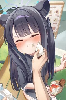 1girl animal_ear_fluff animal_ears bench black_dress black_hair blue_archive blue_halo blush china_dress chinese_clothes cream cream_on_face crepe dress extra_ears food food_on_face fruit grass halo highres holding holding_crepe holding_food holding_napkin ice_cream_crepe long_hair on_bench onakkasuita outdoors park park_bench short_sleeves shun_(blue_archive) shun_(small)_(blue_archive) strawberry thighhighs tiger_ears tiger_girl white_thighhighs wiping_another's_face wiping_face wooden_bench