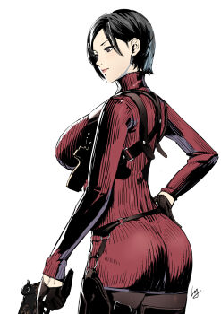 ada_wong black_hair bob_cut breasts brown_eyes club3 dress from_behind gloves gun hair_behind_ear handgun highres holding holding_gun holding_weapon holster large_breasts pantyhose red_dress resident_evil resident_evil_2 resident_evil_2_(remake) short_hair shoulder_holster solo turtleneck turtleneck_dress weapon white_background