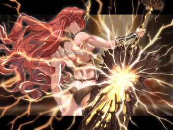 1girl absurdres alternate_costume armor ass augusta_(wuthering_waves) bikini_armor black_collar black_panties breasts butt_crack closed_mouth collar from_behind hair_between_eyes headgear highres holding holding_sword holding_weapon huge_weapon large_breasts letterboxed long_hair looking_at_viewer muscular muscular_female noazzark orange_hair outside_border panties red_eyes solo sword thighs thunder underwear very_long_hair weapon wuthering_waves