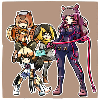 10s 4girls african_wild_dog_(kemono_friends) animal_ears black_hair blonde_hair bodysuit campo_flicker_(kemono_friends) capybara_(kemono_friends) capybara_ears closed_eyes glasses gloves head_wings hippopotamus_(kemono_friends) hippopotamus_ears ikiume kemono_friends long_hair multicolored_hair multiple_girls open_mouth short_hair tail two-tone_hair whip wings
