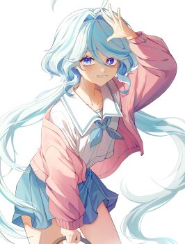 Rule 34 | 1girl, absurdres, ahoge, blue eyes, blue hair, blue skirt, blver, cardigan, collarbone, drop-shaped pupils, furina (genshin impact), genshin impact, heterochromia, highres, light blue hair, long hair, long sleeves, looking at viewer, mismatched pupils, multicolored hair, neckerchief, pink cardigan, pleated skirt, school uniform, serafuku, shirt, skirt, smile, solo, streaked hair, symbol-shaped pupils, white background, white shirt