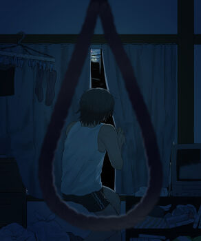 1boy absurdres avogado6 backlighting black_shorts blurry blurry_foreground clothes_hanger crt curtains dark highres imminent_suicide indoors looking_outside male_focus night noose original shorts socks solo tank_top television trash_bag unworn_socks white_tank_top