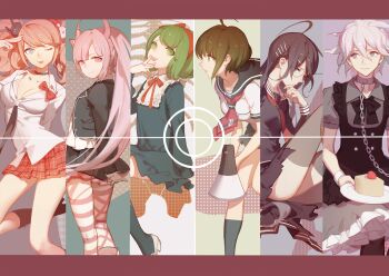 1boy 5girls ;p ahoge alternate_costume apron arm_behind_back arm_up arms_behind_back ask_(askzy) bird black_apron black_bow black_bowtie black_eyes black_footwear black_hair black_jacket black_necktie black_pantyhose black_sailor_collar black_serafuku black_skirt black_socks blue_eyes bone boots bow bowtie bracelet breasts brown_footwear brown_hair cake chain chain_necklace checkered_clothes checkered_skirt chinese_commentary choker cleavage closed_mouth collar collarbone collared_dress colored_tips commentary_request crossdressing curly_hair danganronpa:_trigger_happy_havoc danganronpa_(series) dress dress_shirt duck english_text enmaided enoshima_junko facing_viewer fake_horns food frilled_dress frilled_skirt frills fruit fukawa_toko full_body glasses gradient_hair green_dress green_eyes green_hair green_socks grey_dress grey_eyes hair_bow hair_ornament hairband hairclip hand_up heart high_heel_boots high_heels hip_bones holding holding_megaphone horns jacket jewelry knee_boots kneehighs komaeda_nagito lace-up_boots large_breasts leaning_forward leather leather_boots leg_up legs legs_up long_hair long_legs long_skirt long_sleeves looking_at_viewer looking_back looking_to_the_side maid maid_apron male_focus medium_breasts medium_hair megaphone messy_hair miniskirt monokuma multicolored_hair multiple_girls naegi_komaru neckerchief necklace necktie one_eye_closed open_clothes open_mouth orange_hair pantyhose partially_unbuttoned petite pink_background pink_boots pink_eyes pink_hair pink_hairband pink_horns pink_thighhighs plate pleated_skirt polka_dot polka_dot_bow puffy_sleeves red_hairband red_neckerchief red_ribbon ribbon ribs round_eyewear sailor_collar school_uniform scissors serafuku shirt short_dress short_hair short_sleeves sidelocks sitting skeleton skirt smile socks spine standing strawberry striped_clothes striped_thighhighs teeth thighhighs thighs tongue tongue_out torn_clothes towa_monaca twintails upper_teeth_only utsugi_kotoko very_long_hair white_background white_footwear white_hair white_shirt white_thighhighs white_trim wind wind_lift