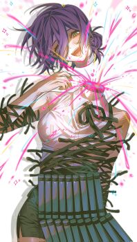 1girl absurdres alternate_breast_size_(larger) black_shorts bomb_devil_(chainsaw_man) breasts chainsaw_man commentary_request contrapposto cowboy_shot green_eyes grenade_pin highres korean_commentary medium_breasts one_eye_closed open_mouth pb_0up4 purple_hair reze_(chainsaw_man) severed_head shirt short_shorts shorts sleeveless sleeveless_shirt smile solo transformation