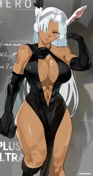 1girl abs absurdres alternate_costume animal_ears bag bare_shoulders black_dress black_gloves boku_no_hero_academia breasts center_opening cleavage closed_mouth collarbone commentary curtained_hair dark-skinned_female dark_skin dress elbow_gloves english_commentary gloves hair_over_one_eye highres holding holding_bag large_breasts long_eyelashes long_hair looking_to_the_side mechanical_ears mirko navel notched_ear park_ongjol parted_bangs pelvic_curtain prosthesis prosthetic_leg rabbit_ears rabbit_girl red_eyes scar scar_on_arm scar_on_face scar_on_leg sleeveless sleeveless_dress solo thick_thighs thighs toned toned_female twitter_username very_long_hair white_hair