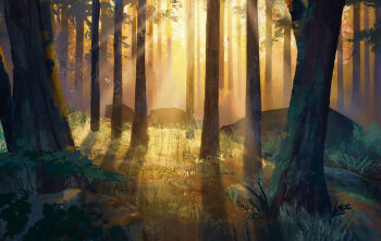 Rule 34 | commentary, english commentary, evening, foliage, forest, highres, light rays, nature, no humans, original, outdoors, procreate (medium), rajawat, scenery, shadow, sunbeam, sunlight, tree