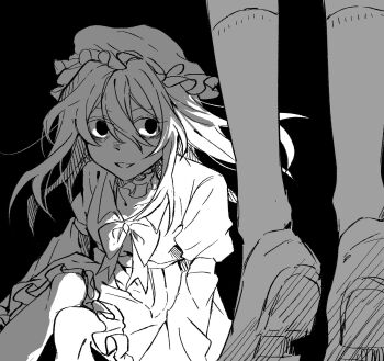 2girls black_background bow bowtie breasts collar collarbone commentary dated_commentary detached_collar dress frilled_collar frilled_dress frills greyscale hair_between_eyes hat highres implied_suicide long_hair long_sleeves looking_at_another maribel_hearn mob_cap monochrome multiple_girls open_mouth oriharareimu shoes sitting sleeve_garter socks tiptoes touhou