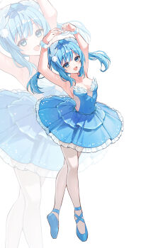 1girl arahashi_tabi ballet_dress ballet_slippers blue_dress blue_eyes blue_hair blue_shoes breasts cleavage covered_navel dancing dress frilled_dress frills full_body hair_ornament hashtag-only_commentary highres medium_breasts nanna_(heyj2888) open_mouth pantyhose shoes short_dress solo stellive strapless strapless_dress tiptoes twintails virtual_youtuber white_background white_pantyhose wrist_cuffs zoom_layer