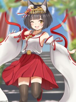 1girl absurdres animal_ears azur_lane black_hair black_thighhighs blunt_bangs commentary_request commission detached_sleeves fox_ears hair_ornament highres japanese_clothes jewelry miko mutsu_(azur_lane) nobukusa0209 one_eye_closed open_mouth partial_commentary short_hair skeb_commission skirt smile solo thighhighs yellow_eyes