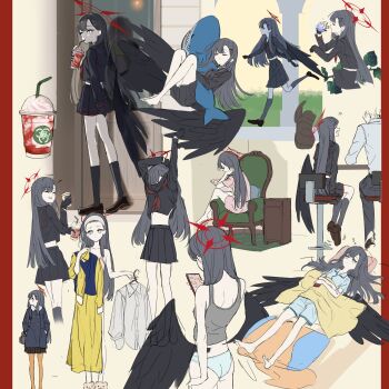 1boy 1girl alternate_costume aritsuno armchair black_choker black_gloves black_hair black_pants black_sailor_collar black_serafuku black_skirt black_socks black_wings blanket blue_archive blue_jacket blue_panties blue_shirt blue_shorts brown_skirt camisole cellphone chair choker collage commentary_request cup disposable_cup drinking_straw drinking_straw_in_mouth feathered_wings gloves grey_camisole hairband halo highres holding holding_perfume holding_phone holding_unworn_clothes hugging_object ichika_(blue_archive) jacket kneehighs long_hair low_wings lying neckerchief on_back pajamas panties pants phone pillarboxed pillow pink_shirt pink_shorts red_halo red_neckerchief sailor_collar school_uniform sensei_(blue_archive) serafuku shark shirt shorts sitting sitting_sideways sketch skirt smartphone socks stuffed_animal stuffed_toy trinity_general_school_logo underwear undressing unusually_open_eyes white_eyes wings yellow_background