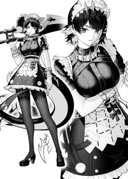 Rule 34 | 1girl, absurdres, anissa047, arm under breasts, black dress, black hair, black pantyhose, black shoes, breasts, closed mouth, colored inner hair, commentary, dress, ellen joe, english commentary, fins, fish tail, greyscale, hairband, hand up, highres, holding, holding weapon, large breasts, lollipop in mouth, maid headdress, mary janes, metal hairband, mole, mole on arm, mole under eye, monochrome, multicolored hair, multiple views, nail polish, over shoulder, pantyhose, parted lips, razor blade hair ornament, scar, scar on tail, shark girl, shark tail, shoes, short hair, simple background, spiked headband, tail, weapon, weapon over shoulder, white background, zenless zone zero