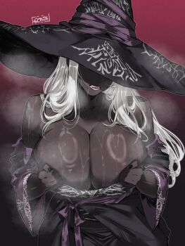 1girl absurdres artist_name bare_shoulders black_dress black_nails black_skin breasts cleavage colored_skin commentary dark-skinned_female dark_skin dress elden_ring elden_ring_nightreign gy_beth hat hat_over_eyes heavy_breathing highres huge_breasts large_hat long_hair messy_hair purple_hat purple_sleeves recluse_(elden_ring) steaming_body torn_clothes very_dark_skin wet white_hair witch witch_hat