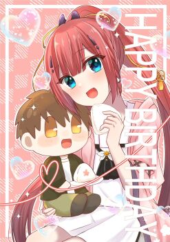 1girl :d ascot black_ascot blue_eyes blunt_bangs blush blush_stickers braid brown_eyes brown_hair character_doll cherry_blossom_print commentary_request cowboy_shot doll eyelashes eyes_visible_through_hair fang floral_print floral_print_kimono food hair_ornament hairclip hand_up happy happy_birthday heart highres holding holding_doll holding_food japanese_clothes kamiyama_shiki kimono long_hair long_sleeves looking_at_viewer miniskirt mumusubisan0704 onigiri open_clothes open_kimono open_mouth pink_background pink_kimono ponytail print_kimono red_hair sailor_collar school_uniform serafuku shirt short_hair side_braid sidelocks simple_background sitting skirt smile soap_bubbles solo sparkle spiked_hair split_ponytail straight_hair summer_pockets summer_pockets_school_uniform takahara_hairi very_long_hair white_sailor_collar white_serafuku white_shirt white_skirt wide_sleeves