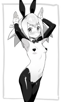 1girl animal_ears armpits biggumane black_pantyhose blush breasts cameltoe cropped_jacket fake_animal_ears greyscale heart_maebari heart_pasties highres latex latex_legwear long_hair long_sleeves looking_at_viewer maebari mega_man_(series) mega_man_legends_(series) monochrome navel pantyhose pasties playboy_bunny rabbit_ears revealing_clothes reverse_bunnysuit reverse_outfit roll_caskett_(mega_man) shrug_(clothing) simple_background solo wrist_cuffs