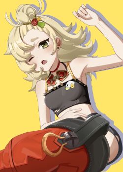 1girl bare_arms bare_shoulders black_shorts blonde_hair breasts choker commentary_request crop_top detached_pants drop_shadow earrings hair_ornament hand_on_own_stomach hand_up highres jewelry long_hair looking_at_viewer midriff one_eye_closed piper_wheel red_choker shorts simple_background small_breasts solo sugunejineji yellow_background yellow_eyes zenless_zone_zero