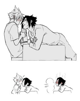 Rule 34 | > <, 2boys, black hair, blush, book, cloud strife, cross scar, crossed arms, facial scar, final fantasy, final fantasy vii, fleeing, highres, holding, holding book, kaciart, kiss, kissing nose, leaning forward, looking at another, male focus, multiple boys, parted bangs, scar, scar on cheek, scar on face, shirt, short hair, sketch, spiked hair, white background, white shirt, yaoi, zack fair