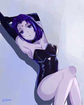 1girl armpits artist_name bare_shoulders black_gloves black_leotard bob_cut breasts cleavage_cutout clothing_cutout commentary commission dc_comics elbow_gloves from_above gloves hainomajoeraina highres knee_up leotard looking_at_viewer lying medium_breasts parted_lips purple_eyes purple_hair raven_(dc) solo strapless strapless_leotard thighhighs