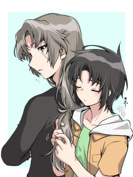 2boys age_difference black_hair black_shirt blind brown_hair closed_eyes collarbone commentary_request hand_in_another's_hair hood hood_down hooded_jacket jacket long_hair long_sleeves looking_at_another low_ponytail makabe_kazuki male_focus minashiro_soushi multiple_boys nagi_(exsit00) open_clothes open_jacket partial_commentary ponytail scar scar_across_eye scar_on_face shirt short_hair soukyuu_no_fafner time_paradox upper_body