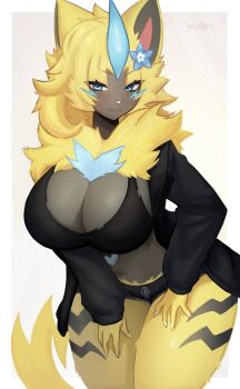 1girl animal_nose artist_name black_fur black_jacket blonde_hair blue_eyes breasts cleavage commentary flower furry furry_female gen_7_pokemon hair_flower hair_ornament hands_on_own_thighs highres huge_breasts jacket large_breasts leaning_forward legendary_pokemon long_hair looking_at_viewer micro_shorts mythical_pokemon neck_fur nintendo open_clothes open_jacket pokemon pokemon_(creature) shorts simple_background smile solo thick_thighs thighs two-tone_fur valleedolla yellow_fur zeraora