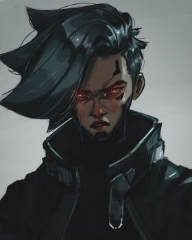 1girl absurdres angry black_coat coat commentary english_commentary facial_mark grey_background grey_hair highres lips looking_at_viewer nose open_mouth original parted_hair portrait red_eyes short_hair simple_background solo titanartx