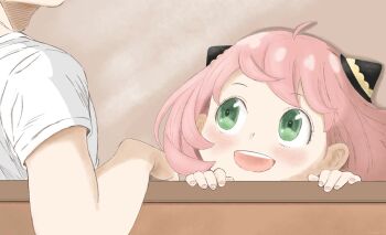 1boy 1girl :d ahoge anya_(spy_x_family) blush child commentary green_eyes happy highres kindsky looking_at_another looking_to_the_side open_mouth pink_hair pink_nails shirt short_sleeves smile spy_x_family teeth twilight_(spy_x_family) upper_teeth_only white_shirt