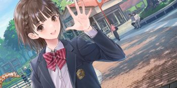 1other 2girls 5boys animal bench black_jacket blazer blue_reflection_(series) blue_reflection_sun blue_sky blunt_ends bow bowtie braid brick_road brown_eyes brown_hair building buttons day dutch_angle elephant emblem game_cg giraffe hand_up highres hoshiya_kanna jacket kishida_mel looking_at_viewer multiple_boys multiple_girls non-web_source official_art open_mouth outdoors railing red_bow red_bowtie school_uniform shirt short_hair sky smile solo_focus striped_bow striped_bowtie striped_clothes teeth tree twin_braids upper_body upper_teeth_only white_shirt zoo