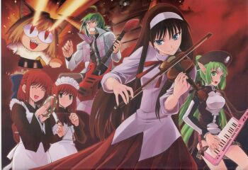 00s 1boy 5girls android animal_ears apron blonde_hair blue_eyes bow brown_hair cat_ears demonbane doctor_west drill elf elsa eye_beam closed_eyes green_eyes green_hair grey_eyes guitar hair_bow hairband hat headdress hisui_(tsukihime) instrument keytar kohaku_(tsukihime) long_hair maid maid_apron melty_blood multiple_girls neco-arc nitroplus pleated_skirt pointy_ears red_hair shirotsumekusa short_hair siblings sisters skirt smile tambourine tohno_akiha triangle_(instrument) tsukihime twins type-moon violin