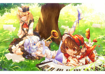 Rule 34 | 3girls, :o, :q, ;d, ascot, black hat, blonde hair, bonnet, brown hair, commentary, dappled sunlight, grass, grey hair, grin, hacko, hat, highres, holding, holding instrument, holding pencil, instrument, keyboard (instrument), leg up, letterboxed, looking ahead, looking at viewer, lunasa prismriver, lying, lyrica prismriver, merlin prismriver, mini hat, multiple girls, on back, on ground, on stomach, one eye closed, open mouth, outdoors, pencil, red ascot, red bonnet, sheet music, siblings, sisters, sitting, smile, sunlight, tongue, tongue out, touhou, trumpet, violin, white hat