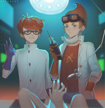 2boys antenna_hair artist_name astrocatsama atom bare_legs black-framed_eyewear blue_eyes blue_gloves blue_pants brown_hair buttons closed_mouth coat coattails collarbone collared_coat controller cowboy_shot crossover denim dexter&#039;s_laboratory dexter_(dexter&#039;s_laboratory) frown glasses gloves goggles goggles_on_head grin hand_in_pocket high_collar holding holding_remote_control holding_scalpel indoors jeans jimmy_neutron jimmy_neutron_(series) lab_coat laboratory long_sleeves looking_at_viewer male_focus mask mask_around_neck monitor mouth_mask multiple_boys open_clothes open_coat orange-tinted_eyewear orange_gloves orange_hair pants pov red_shirt remote_control rubber_gloves scalpel shirt short_hair three-quarter_sleeves smile t-shirt tinted_eyewear triangular_eyewear turtleneck turtleneck_coat v-shaped_eyebrows white_mask white_sleeves