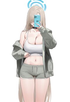 1girl absurdres asuna_(blue_archive) bare_shoulders black_choker blue_archive breasts brown_hair choker cleavage collarbone commentary_request covering_face crop_top dolphin_shorts drawstring facing_viewer grey_jacket grey_shorts grin halo highres holding holding_phone jacket korean_commentary large_breasts long_hair long_sleeves midriff mole mole_on_breast navel nogong off_shoulder open_clothes open_jacket phone shirt short_shorts shorts simple_background single_off_shoulder sleeveless sleeveless_shirt smile solo stomach thighs very_long_hair white_background white_shirt
