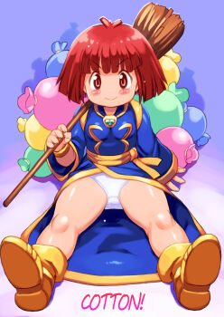 1girl blue_dress blunt_ends blush boots breasts broom character_name closed_mouth commentary cotton_(character) cotton_(game) dress highres holding holding_broom loli long_sleeves looking_at_viewer panties red_eyes short_hair sitting small_breasts smile solo underwear v-shaped_eyebrows white_panties yellow_boots yu_3