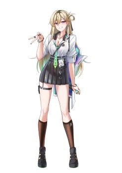 1girl absurdres aqua_necktie ark9378 blonde_hair braid braided_bangs breasts cleavage closed_mouth collared_shirt commentary earrings hair_between_eyes hair_ornament headphones headphones_around_neck highres id_card jewelry long_hair long_sleeves lynae_(wuthering_waves) multicolored_eyes multicolored_hair necktie purple_eyes shirt shirt_tucked_in skirt skull_hair_ornament smile solo star_(symbol) star_earrings v white_shirt wing_collar wuthering_waves