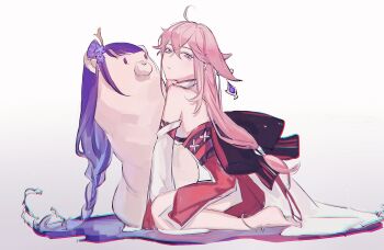 Rule 34 | 1girl, ahoge, animal ear piercing, animal ears, anklet, back bow, bare shoulders, barefoot, blunt bangs, body pillow, bow, braid, breasts, character doll, chinese commentary, closed mouth, commentary request, detached collar, detached sleeves, doll, feet, fox ears, fox girl, genshin impact, gradient background, gradient hair, grey background, hair ornament, head tilt, highres, implied yuri, japanese clothes, jewelry, long braid, long hair, long sleeves, looking at viewer, looking to the side, low-tied long hair, medium breasts, multicolored hair, pillow, pink hair, purple eyes, purple hair, raiden shogun, shade, shansongzi, sideboob, single braid, solo, stuffed animal, stuffed toy, teddy bear, wide sleeves, wig, yae miko