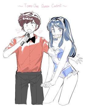 1boy 1girl 88_77k black_bow black_bowtie black_pants bow bowtie collarbone cone_horns couple food highres holding holding_food holding_microphone horns leotard long_hair looking_at_viewer lum microphone moroboshi_ataru mouth_hold music pants pointy_ears red_shirt shirt short_hair side-tie_leotard sidelocks singing strapless strapless_leotard taiyaki urusei_yatsura wagashi