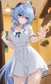 1girl absurdres ahoge alternate_costume bangle bare_shoulders belt blue_bow blue_hair blue_nails blue_pupils blush bottle bow bracelet breasts cabinet chest_bow cleavage clenched_hand closed_mouth closet collarbone commentary_request cowboy_shot dress fingernails ganyu_(genshin_impact) genshin_impact goat_horns hair_between_eyes hands_up highres horns indoors jar jewelry lamp long_hair looking_at_viewer low_ponytail medium_breasts mishirosora nail_polish off-shoulder_dress off_shoulder plate ponytail purple_eyes short_sleeves sidelocks smile solo standing very_long_hair wavy_hair white_belt white_dress