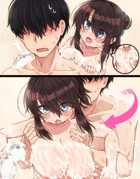 1boy 1girl blue_eyes blush breasts brown_hair collarbone commentary_request faceless faceless_male hands_on_another&#039;s_chest hands_up hetero highres holding holding_sponge large_breasts mixed-sex_bathing mole mole_on_neck mole_under_eye nipples nude null_(nyanpyoun) open_mouth oppai_loli original shared_bathing short_hair sidelocks soap_bubbles sponge tsukumo_matoi_(null)