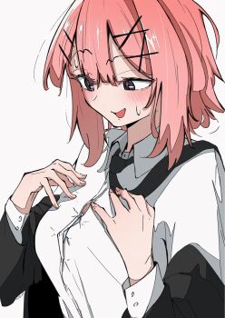 1girl amaori_renako black_jacket black_necktie breasts button_gap cleavage commentary dress_shirt hair_ornament hairclip highres jacket long_sleeves medium_hair necktie nobunaga_(nbng_g) open_mouth parallel_hairclips pink_hair purple_eyes shirt simple_background solo upper_body watashi_ga_koibito_ni_nareru_wake_naijan_murimuri! white_background white_shirt x_hair_ornament