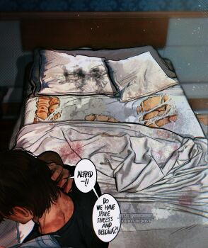 1boy artist_name bara batman batman_(series) bed black_shirt blush brown_hair bruce_wayne commentary_request copyright_request dc_comics headboard highres implied_yaoi male_focus muscular muscular_male shirt stained_sheets the_batman_(2022) toilet umikochannart
