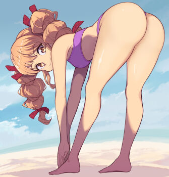 1girl ass barefoot bent_over bikini blue_sky breasts brown_eyes cloud commentary_request day from_behind highres long_hair looking_at_viewer orange_hair outdoors purple_bikini red_ribbon ribbon sky small_breasts smile solo swimsuit syope thighs touhou twintails yorigami_jo'on