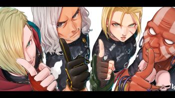 Rule 34 | 1girl, 3boys, aduti momoyama, arm up, asymmetrical hair, black gloves, black shirt, blonde hair, blue eyes, bracelet, brown eyes, cammy white, closed mouth, collarbone, commentary, dark-skinned male, dark skin, dhalsim, earrings, ed (street fighter), facial hair, facial mark, facial scar, fingerless gloves, gloves, green eyes, hair behind ear, hashtag-only commentary, highres, hood, hooded jacket, index finger raised, jacket, jewelry, ken masters, letterboxed, looking at viewer, multiple boys, necklace, no pupils, official alternate hair length, official alternate hairstyle, parted lips, piercing, red gloves, scar, scar on cheek, scar on face, shirt, skull, skull necklace, smile, street fighter, street fighter 6, t-shirt, teeth, thick eyebrows, white background, white hair