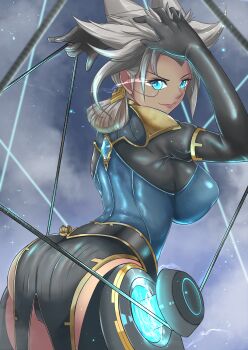 1girl absurdres arms_up black_gloves blue_eyes breasts camille_(league_of_legends) closed_mouth elbow_gloves from_behind gloves glowing glowing_eye grey_hair hand_on_own_head highres holding holding_string large_breasts league_of_legends looking_at_viewer looking_back smile solo string torahime_(roland00)