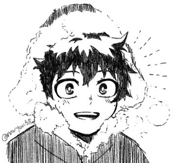 1boy blush boku_no_hero_academia breath commentary_request freckles fur-trimmed_collar fur_trim greyscale hat looking_at_viewer male_focus midoriya_izuku monochrome navyou38 official_alternate_costume open_mouth solo teeth twitter_username white_background winter_clothes