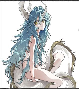Rule 34 | 1girl, blue hair, closed mouth, completely nude, convenient hair, dragon girl, dragon horns, dragon tail, facing viewer, fang, from side, highres, hmgogogogo, horns, long hair, looking at viewer, nude, original, simple background, sitting, slit pupils, solo, tail, thighs, very long hair, white background, yellow eyes