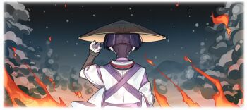 Rule 34 | 1boy, ajirogasa, arm at side, armor, black hair, blunt ends, border, brown hat, clothing cutout, commentary, facing away, fingernails, fire, from behind, furisode, genshin impact, hand up, hat, japanese armor, japanese clothes, kimono, kote, kurokote, layered sleeves, male focus, night, outdoors, purple hair, purple kimono, purple sash, purple sleeves, sash, scaramouche (genshin impact), scaramouche (kabukimono) (genshin impact), shoulder cutout, snowing, solo, string, tasuki, tree, w 0reha, watercolor background, watermark, white border, white sleeves