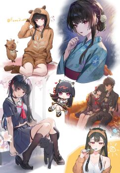 Rule 34 | 1boy, 1girl, absurdres, alternate costume, animal ear headband, animal ear hood, arm cutout, bare shoulders, black cat, black hair, black jacket, black pants, black serafuku, black shirt, black shoes, black skirt, black socks, blue kimono, book, breasts, brown hoodie, brown shorts, brushing teeth, cat, chisa (wuthering waves), closed eyes, closed mouth, clothing cutout, collarbone, commentary request, fake animal ears, fingernails, hair ribbon, hand up, head on another's shoulder, heart, highres, holding, holding book, hood, hood up, hoodie, jacket, japanese clothes, kimono, light blush, long hair, looking at viewer, male rover (wuthering waves), medium breasts, mole, mole under eye, namipon (wuthering waves), official alternate costume, omelet tomato, pants, parted lips, red eyes, red ribbon, ribbon, rover (wuthering waves), school uniform, serafuku, shirt, shoes, shorts, sitting, skirt, sleeping, socks, tacet mark (wuthering waves), thigh strap, thighs, twitter username, white shirt, wuthering waves