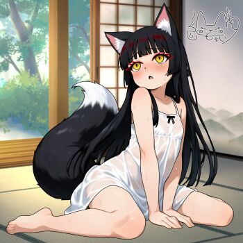 1boy absurdres animal_ears bare_shoulders barefoot between_legs black_hair blush chemise chestnut_mouth commentary_request fox_boy fox_ears fox_tail full_body hand_between_legs highres hot indie_virtual_youtuber indoors itsuki_tsukumo_(artist) itsuki_tsukumo_(vtuber) long_hair looking_up open_mouth see-through_chemise see-through_clothes shouji sitting sliding_doors sweat tail tatami trap tree virtual_youtuber wariza white_chemise yellow_eyes
